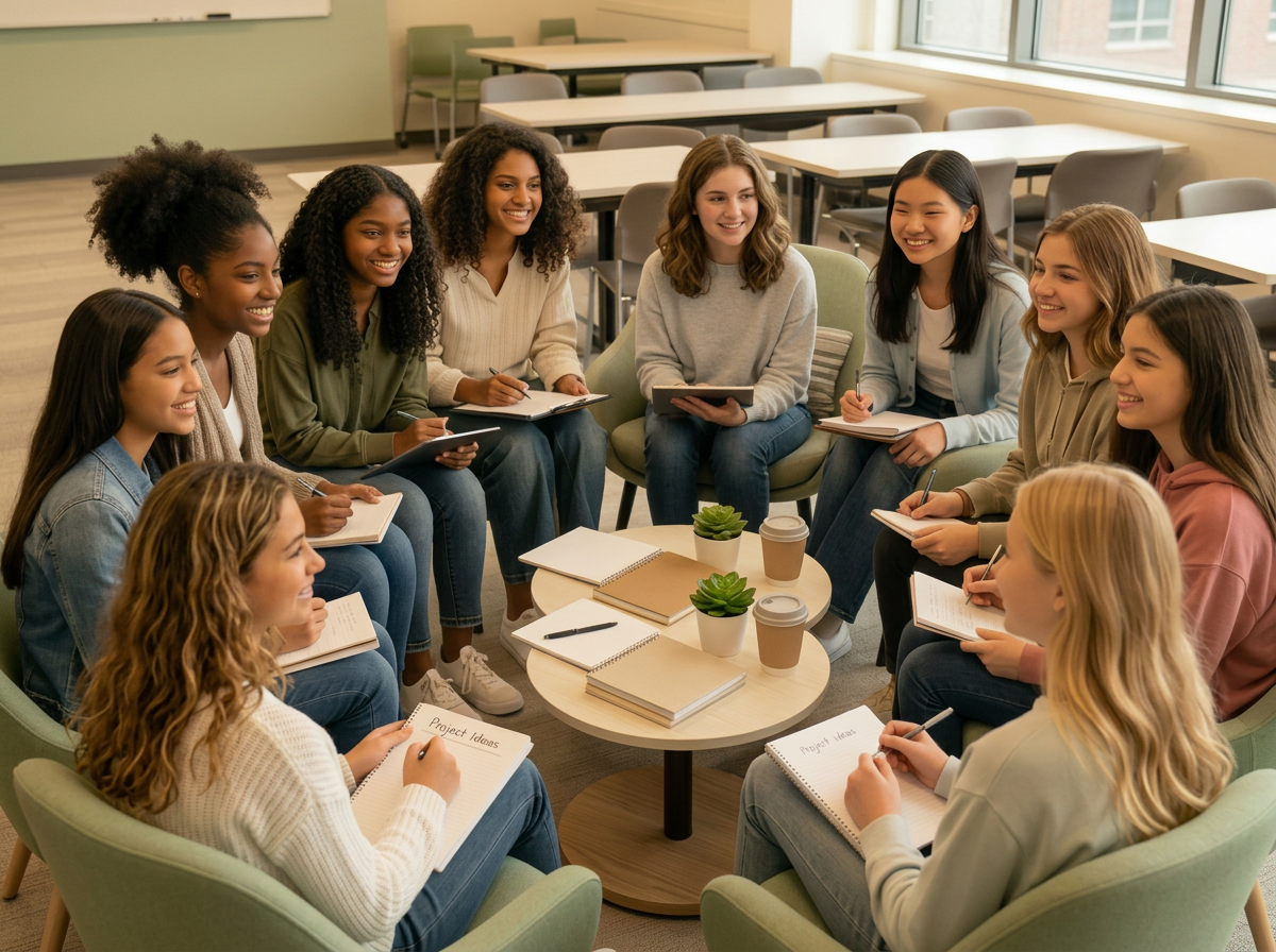 A diverse group of girls sitting in a circle during a learning cohort session